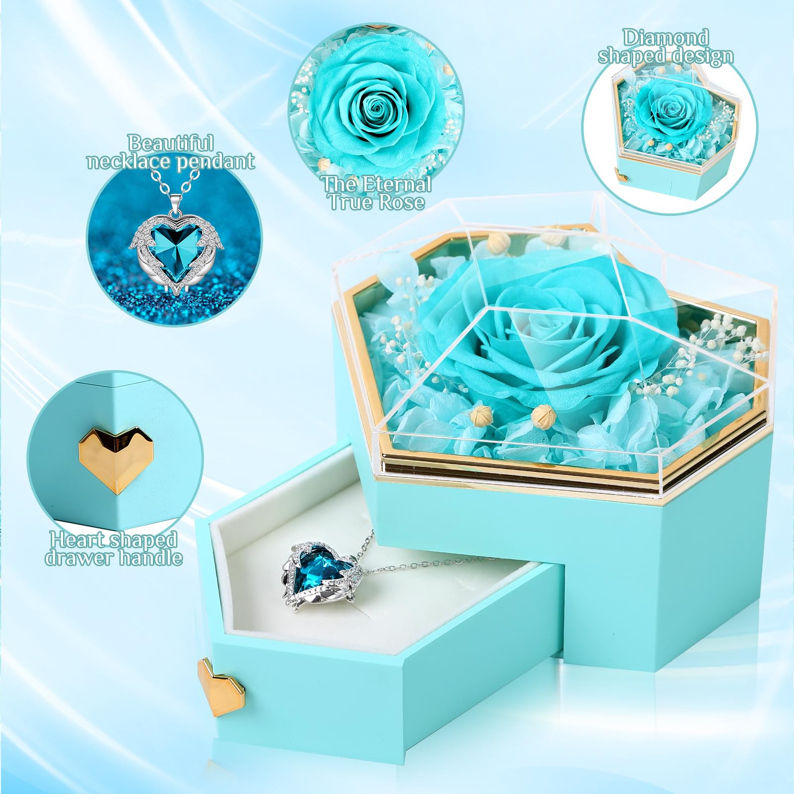Amazon.com: Preserved Cyan Real Rose with Necklace Forever